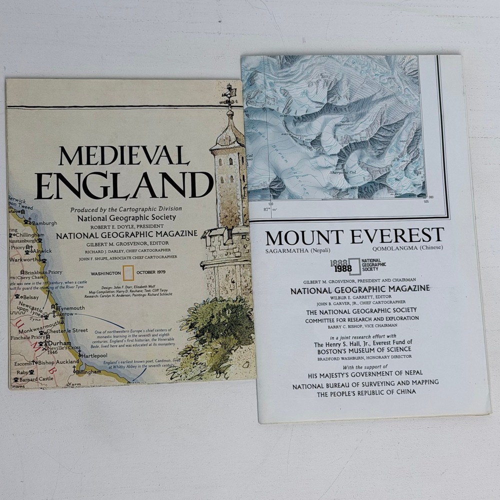 2 Vintage National Geographic Maps – Mount Everest & Medieval England